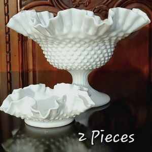 (2) Vntg Fenton 9 7/8" Hobnail Milk Glass Compote & 5 5/8"